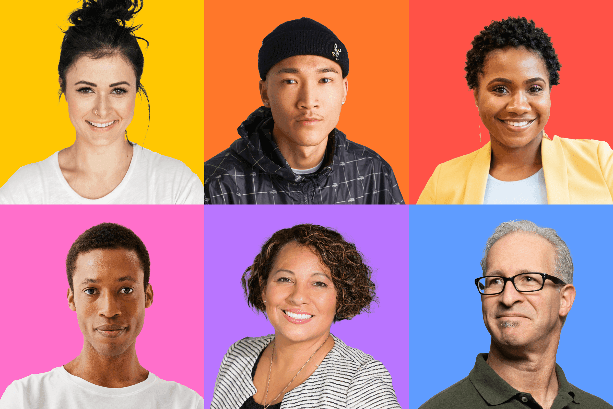 Six-image grid, each square a different color with a headshot of a different person.